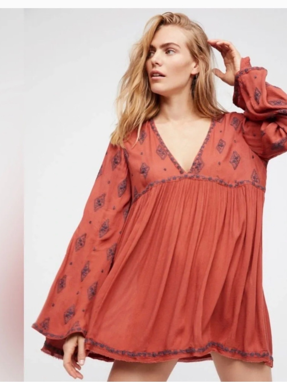 Free People Diamond‎ Embroidered Bell Sleeve Tunic Top Cinnamon S
